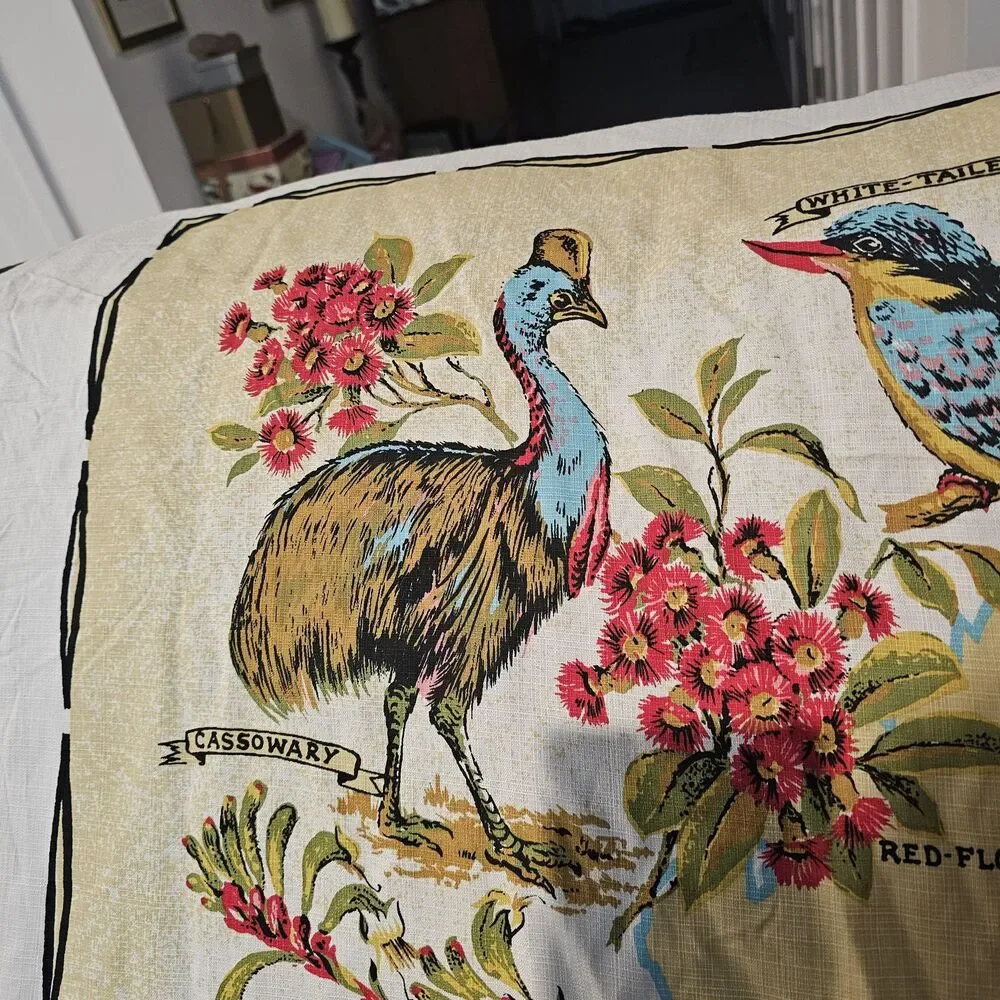 Vintage Australian Bird Tablecloth | Floral Table Linens | Card Table Cover